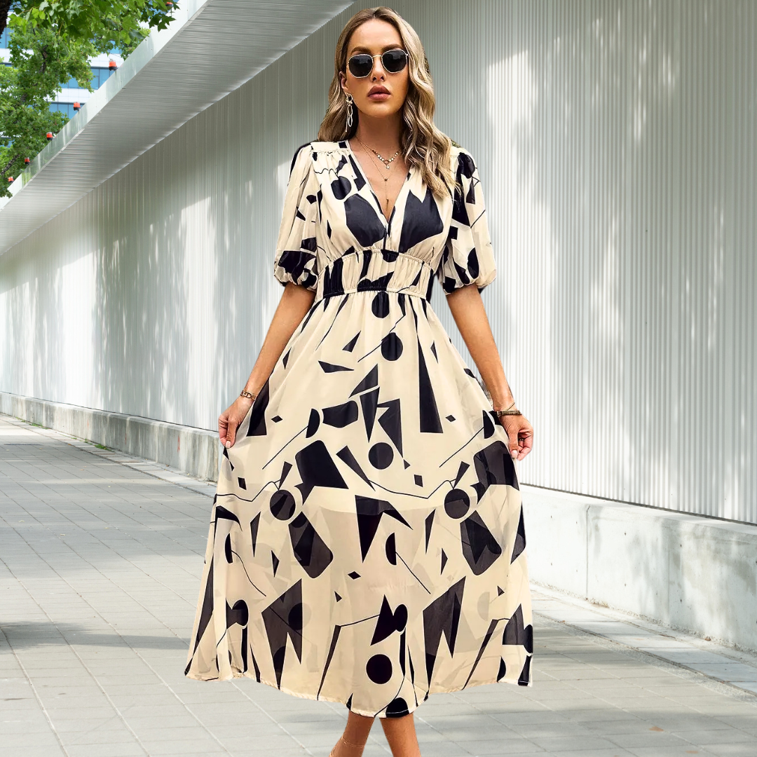 Christina - Elegant Puff-Sleeve Midi Dress