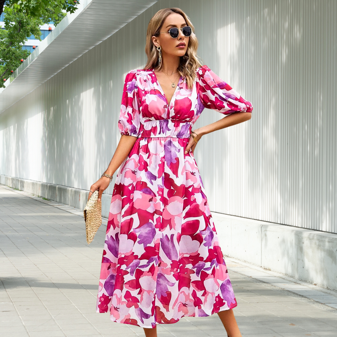 Christina - Elegant Puff-Sleeve Midi Dress